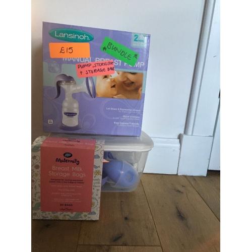 NEW- breast pump, storage bags and steriliser bundle