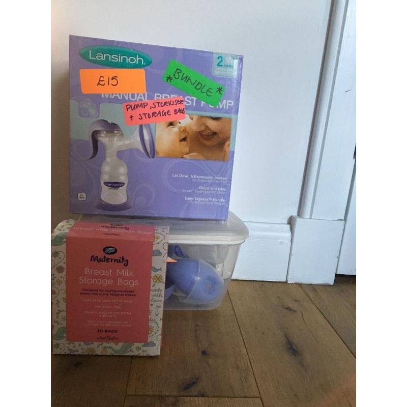 NEW- breast pump, storage bags and steriliser bundle
