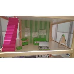 Large double sided dolls house on wheels with furniture