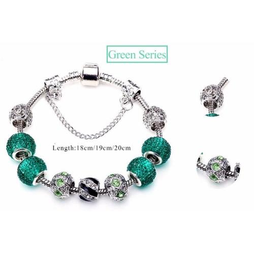 Charm bracelet silver & emerald style jewels ctystals charms - not Pandora but similar 21cm