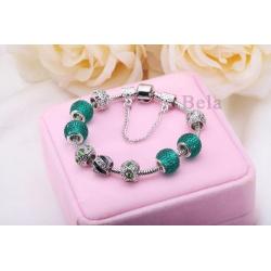 Charm bracelet silver & emerald style jewels ctystals charms - not Pandora but similar 21cm