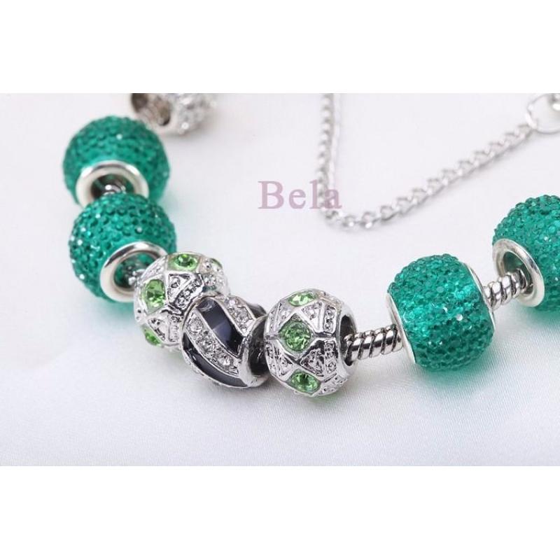Charm bracelet silver & emerald style jewels ctystals charms - not Pandora but similar 21cm