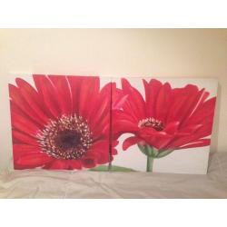 DOUBLE RED GERBERA DAISY WALL ART CANVASES