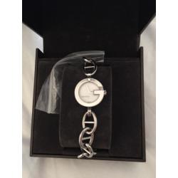 Ladies GUCCI charm bracelet watch - Rare white pearl flower face with diamond