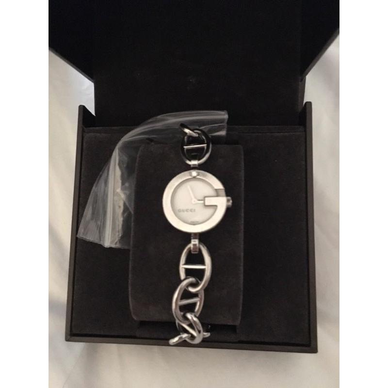 Ladies GUCCI charm bracelet watch - Rare white pearl flower face with diamond