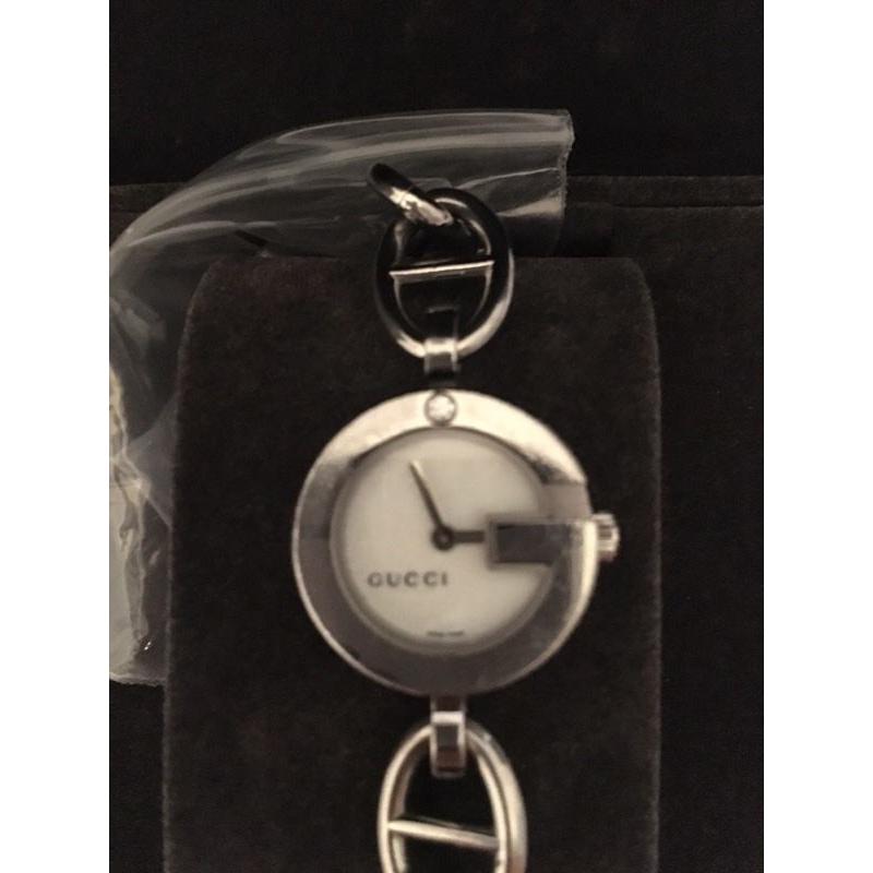 Ladies GUCCI charm bracelet watch - Rare white pearl flower face with diamond