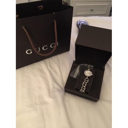 Ladies GUCCI charm bracelet watch - Rare white pearl flower face with diamond