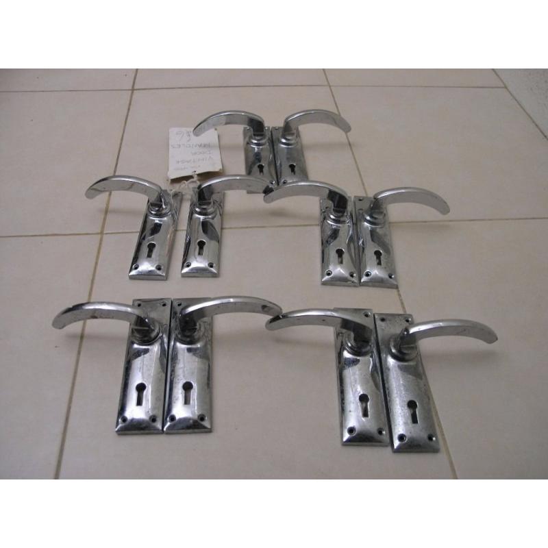 8 Pair Architecturally Reclaimed Vintage Chrome Door Handles and Locks Weymouth