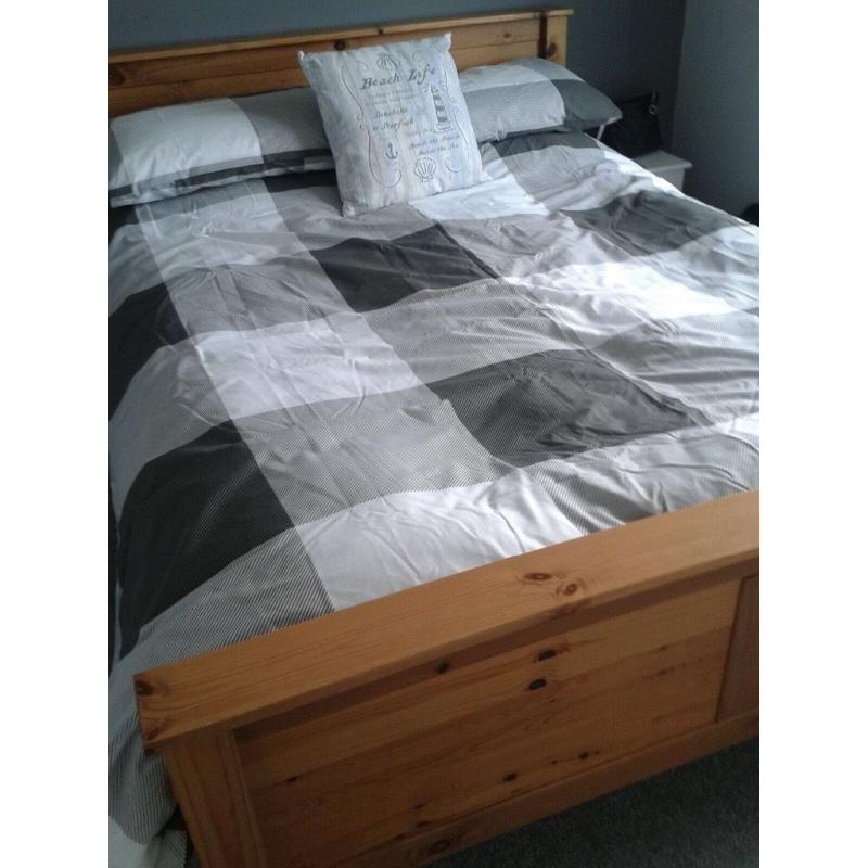 Pine double bed frame, solid, very good condition. Dismantled for collection.