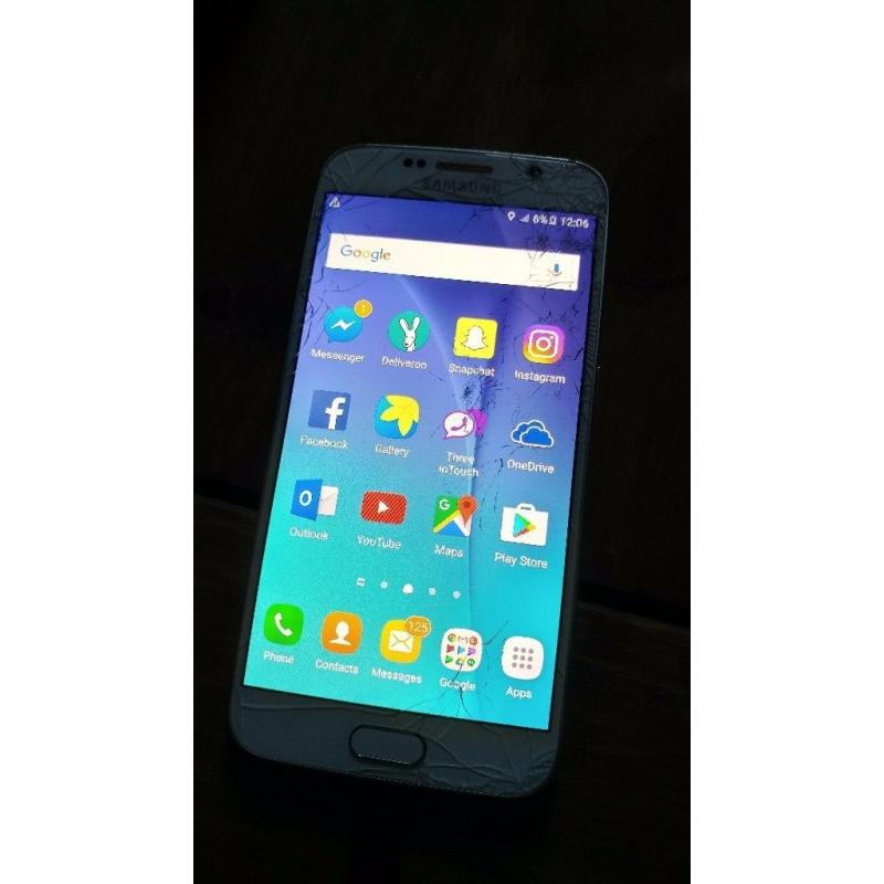 Samsung Galaxy S6 - only 3 months old. Cracked front + rear glass. LCD fine - fully working.