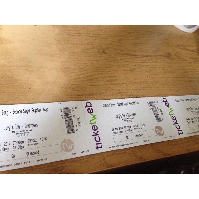 3 tickets for Dominic boag 9th March 2017
