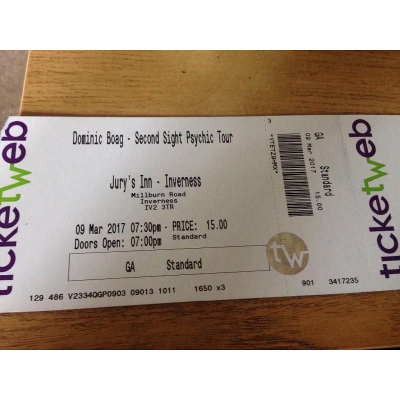 3 tickets for Dominic boag 9th March 2017