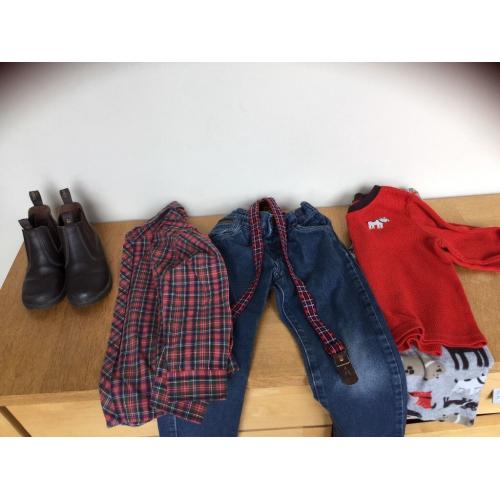 Chipmunk boots, next tartan shirt , denims with braces , pjs