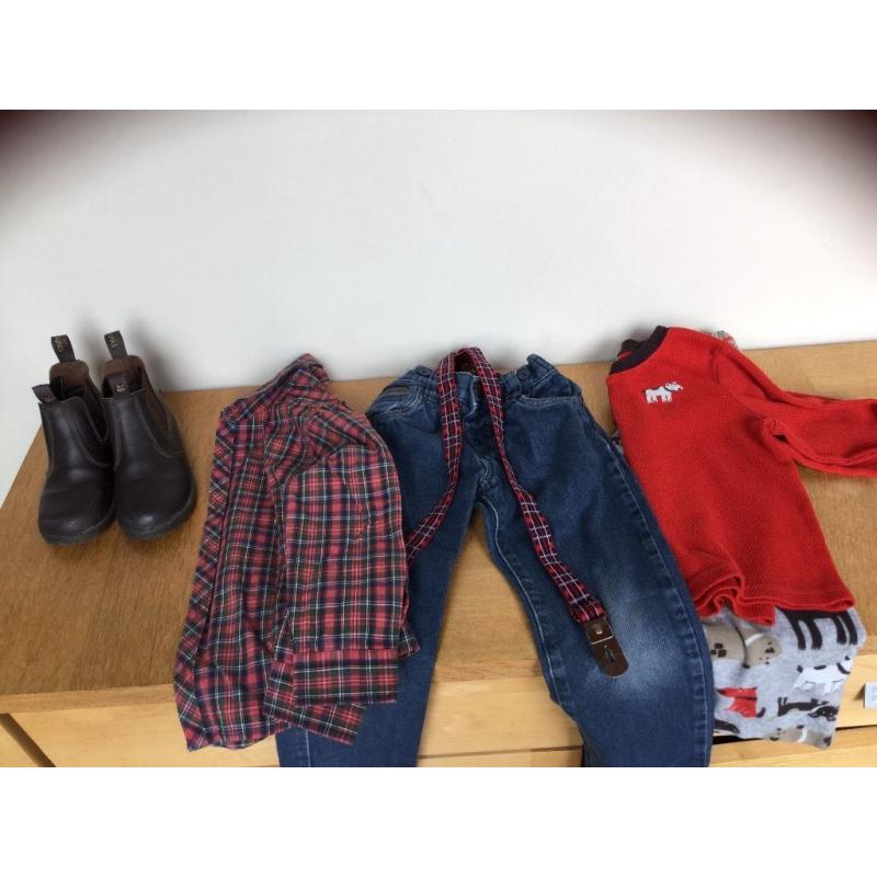 Chipmunk boots, next tartan shirt , denims with braces , pjs