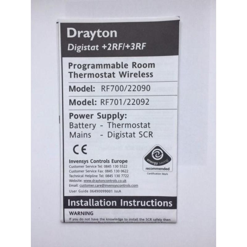 DRAYTON DIGISTAT + 2RF ROOM WIRELESS BATTERY THERMOSTAT AND MAINS DIGISTAT SCR