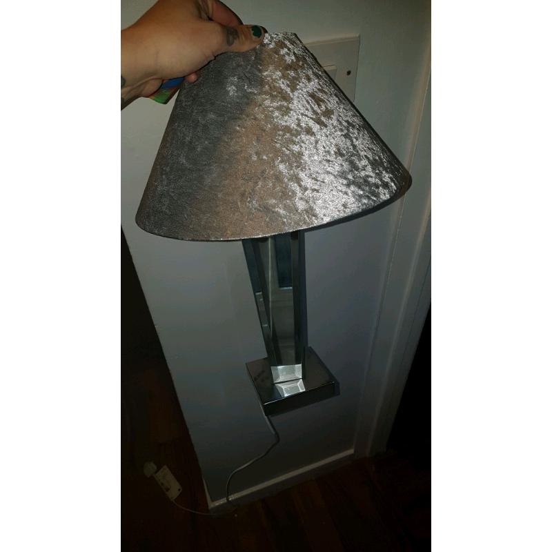 2? glass stand with silver crushed velvet lamp shades