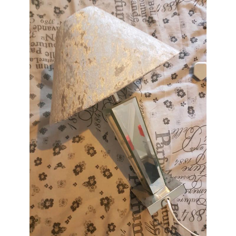 2? glass stand with silver crushed velvet lamp shades