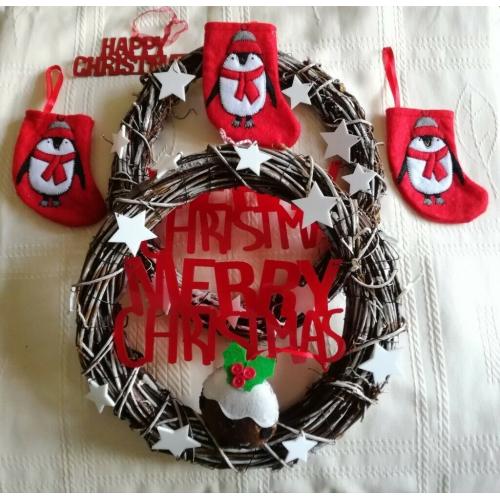 NEW 2 CHRISTMAS WREATH DECORATIONS MODERN Twig Star 3 Felt Penguin Stockings 1 Pudding 2 Xmas Hanger