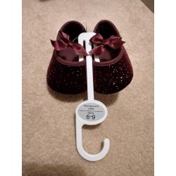 NEW Christmas 6-9 month baby girls shoes dark red sparkly ribbon bows