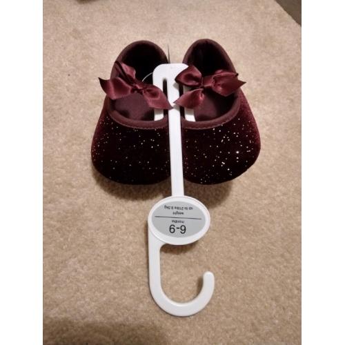 NEW Christmas 6-9 month baby girls shoes dark red sparkly ribbon bows