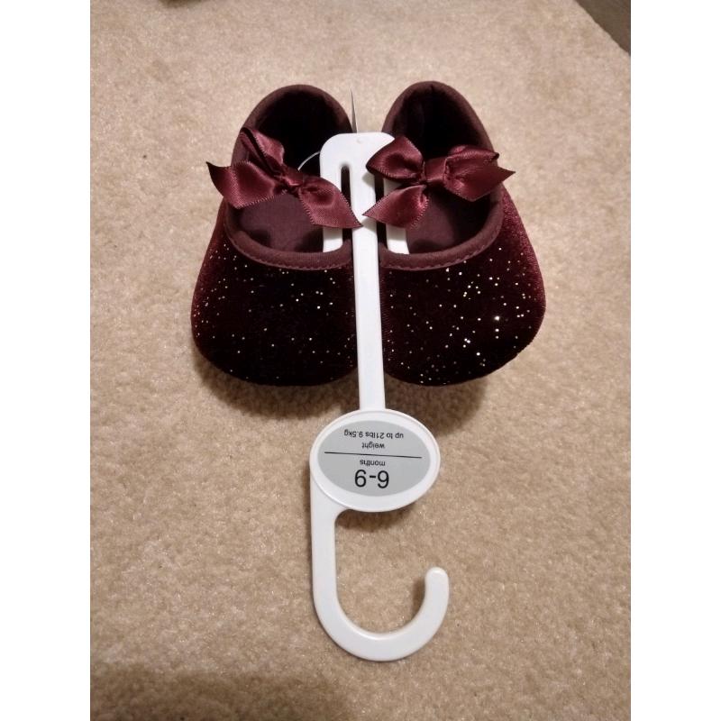 NEW Christmas 6-9 month baby girls shoes dark red sparkly ribbon bows