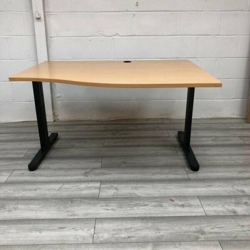 Wave Shape Office Desk, Beech, Black Metal Frame