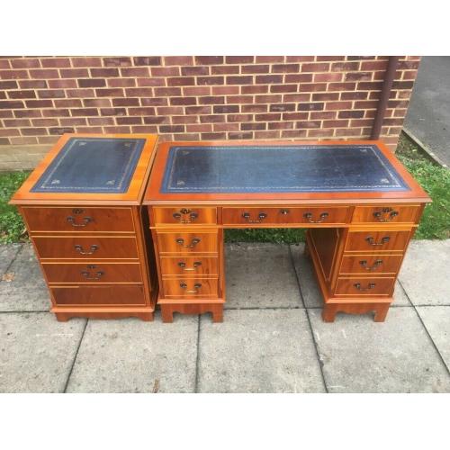 Chesterfield style Twin Pedestal Writing Desk & Filing Cabinet with Blue Leather Top & Key