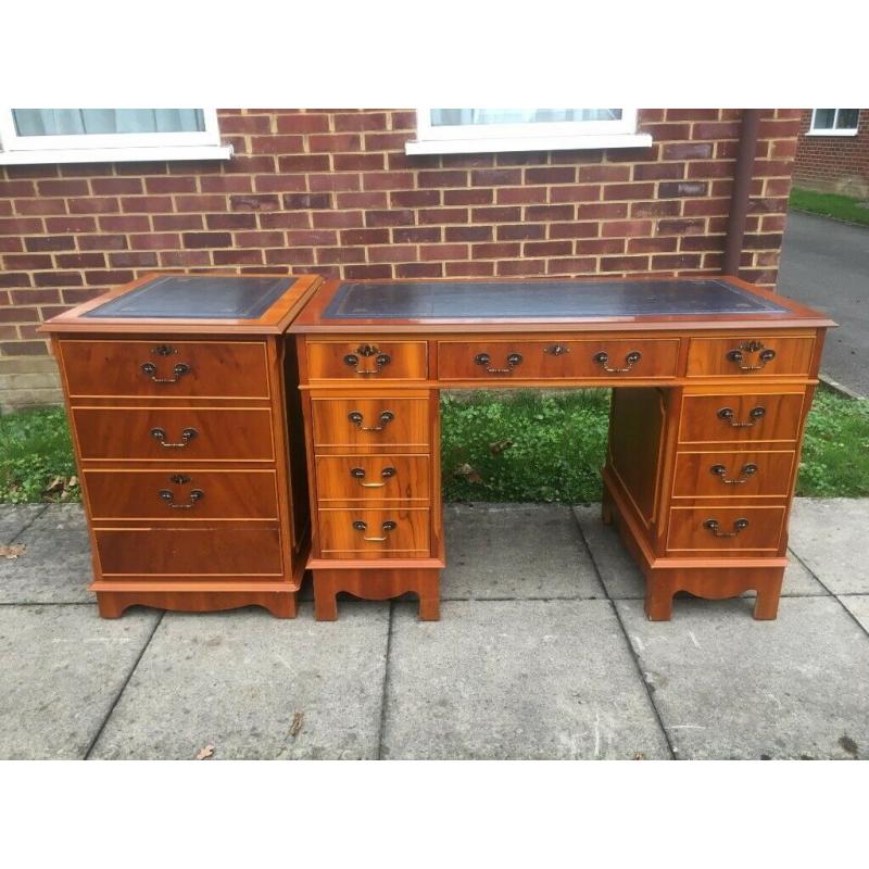 Chesterfield style Twin Pedestal Writing Desk & Filing Cabinet with Blue Leather Top & Key