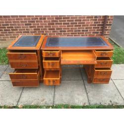 Chesterfield style Twin Pedestal Writing Desk & Filing Cabinet with Blue Leather Top & Key
