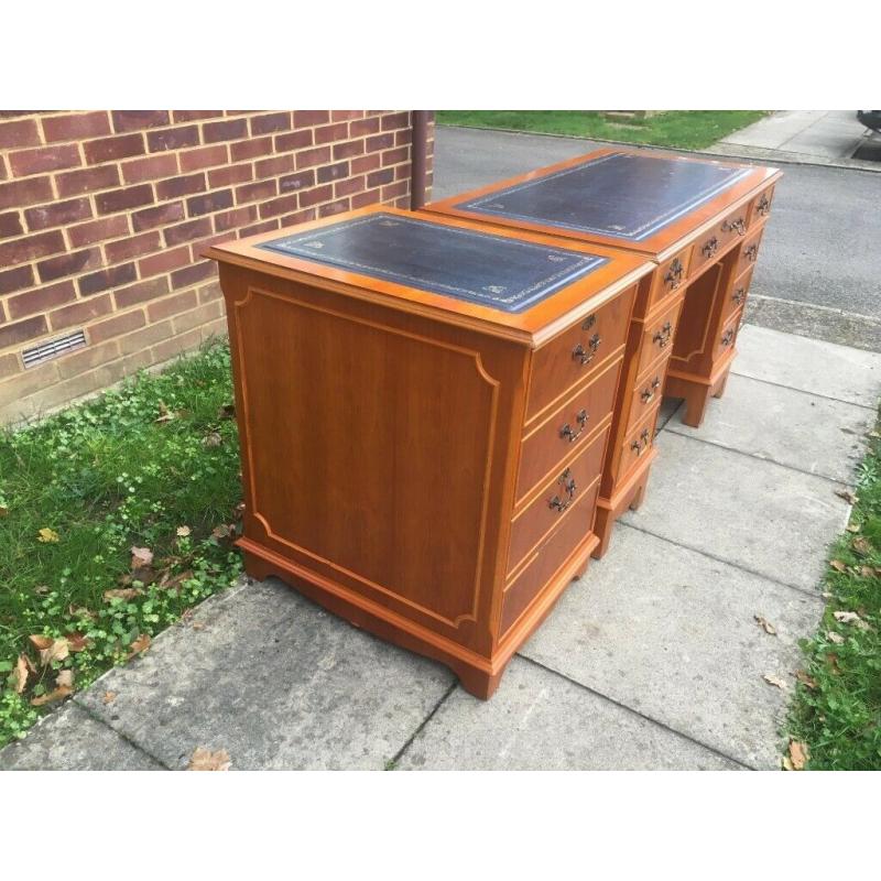 Chesterfield style Twin Pedestal Writing Desk & Filing Cabinet with Blue Leather Top & Key