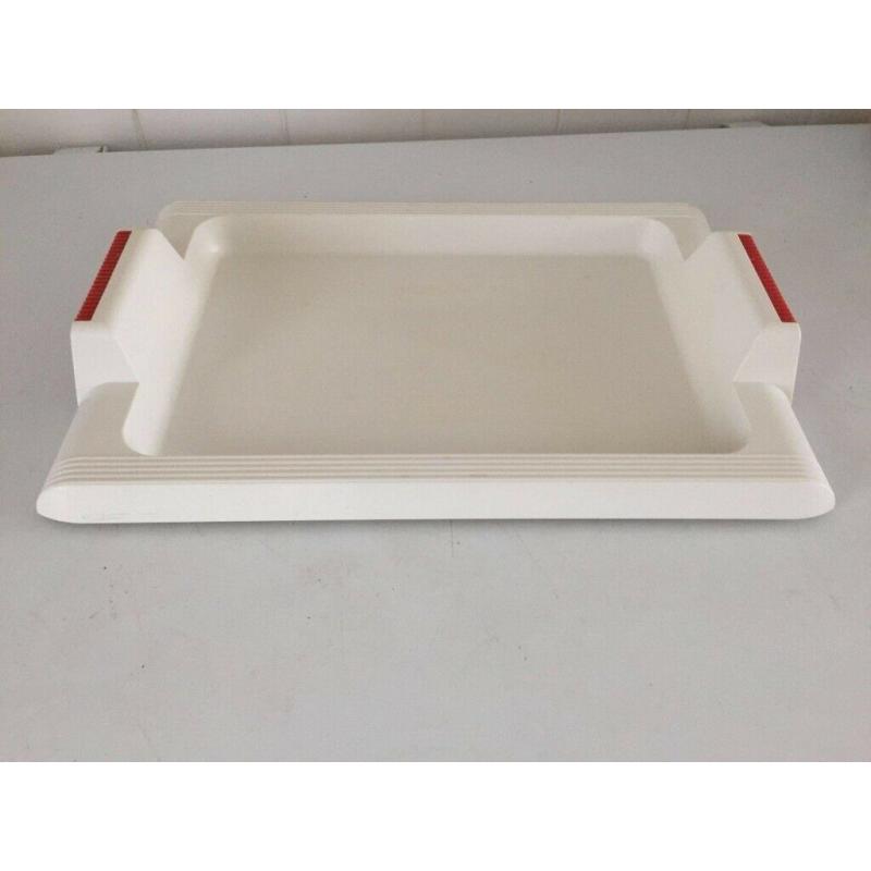 plastic white with red on the 2 handle tray
