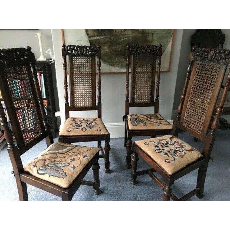 4 unusual antique dining chairs high back caned