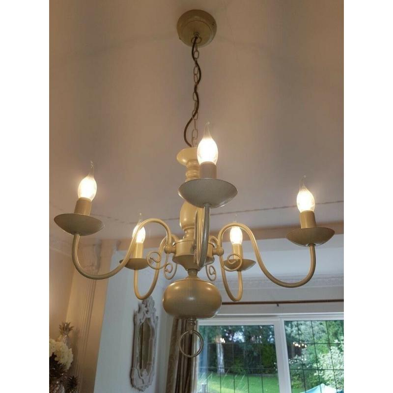 Beige 5 arm chandelier ceiling light fitting & pair of matching wall lights, VGC, approx ?270 new