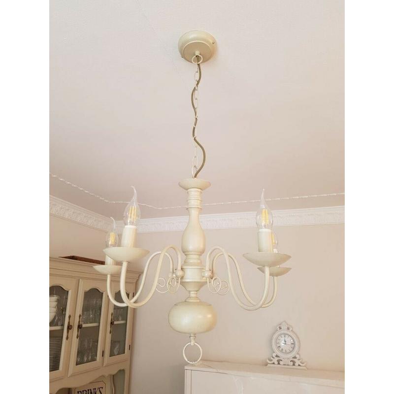 Beige 5 arm chandelier ceiling light fitting & pair of matching wall lights, VGC, approx ?270 new
