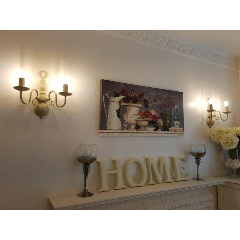 Beige 5 arm chandelier ceiling light fitting & pair of matching wall lights, VGC, approx ?270 new
